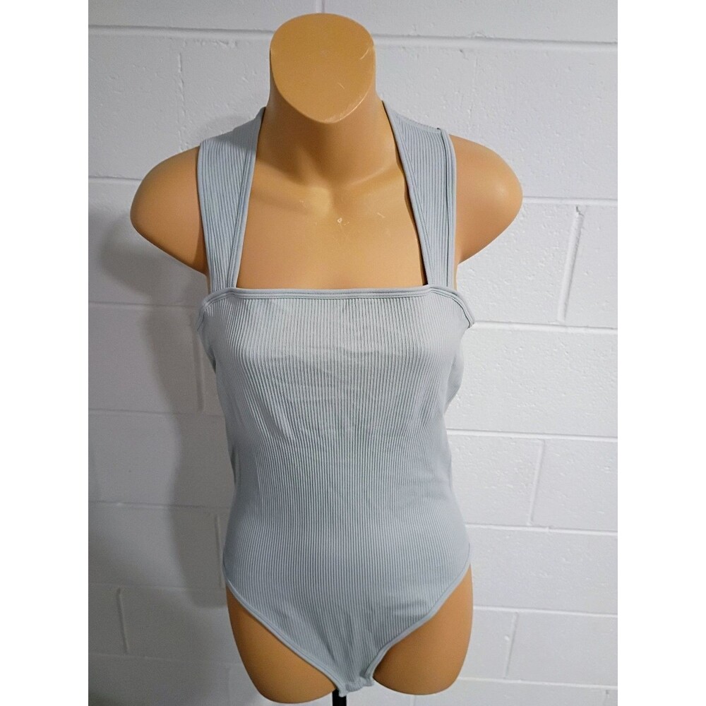 OQQ Women's Ribbed Square Neck Sleeveless Bodysuit Light Blue Size L - Picture 2 of 4